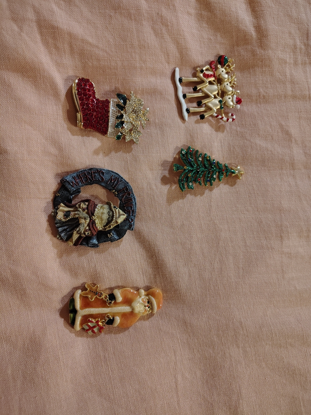 Festive Holiday Brooch Set - Red, Green, Gold Accents